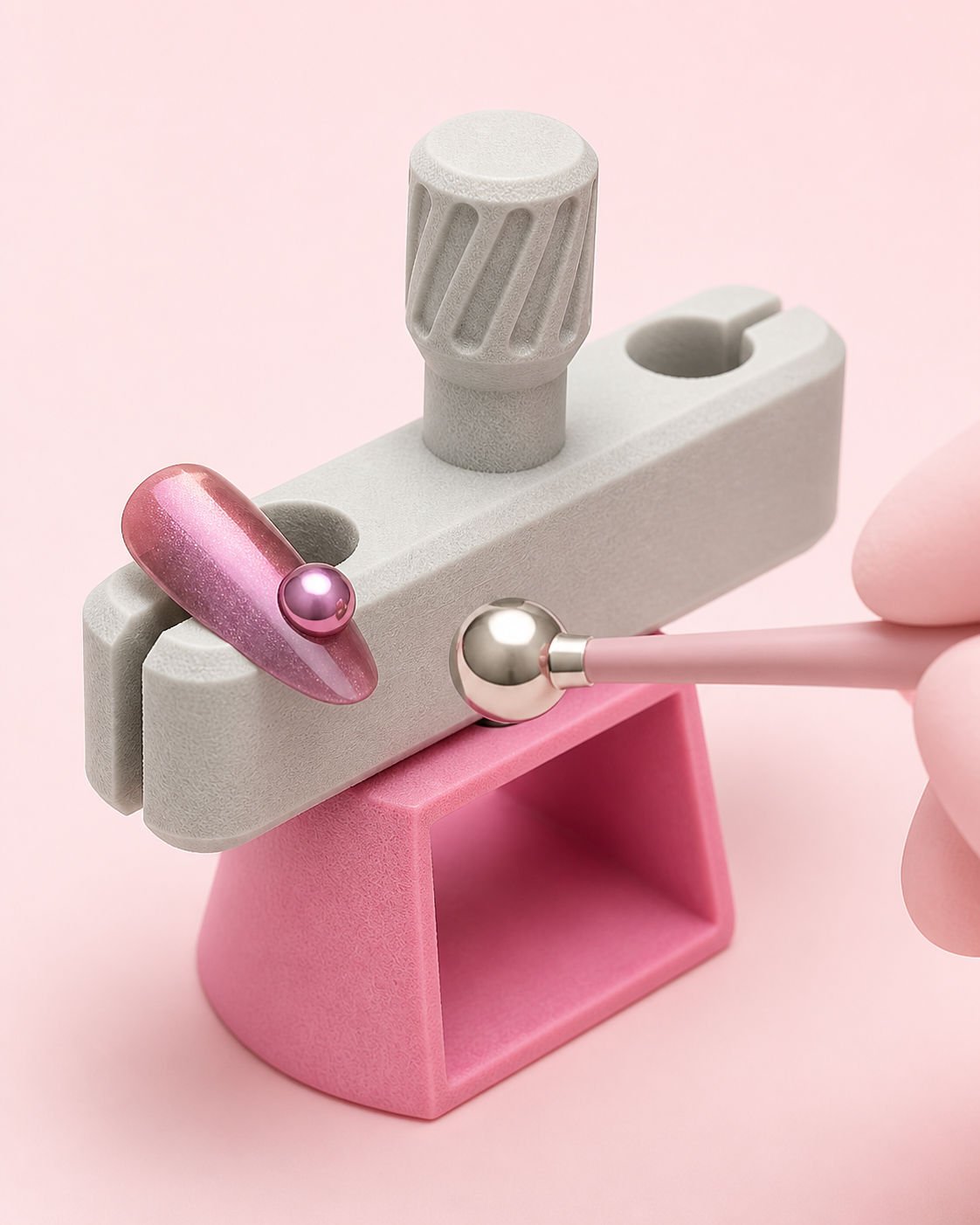 Glass bead cat eye tool shaping a glossy magnetic nail highlight